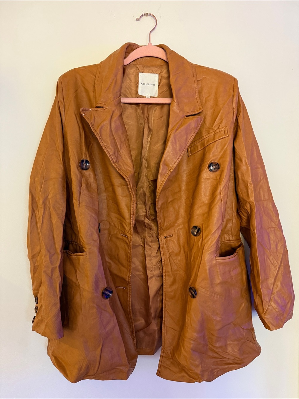 Avec Les Filles Double-Breasted Leather Jacket - Cognac Brown